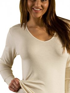 Long Sleeve V-Neck in Organic Wool Silk Blend for Women, Natural